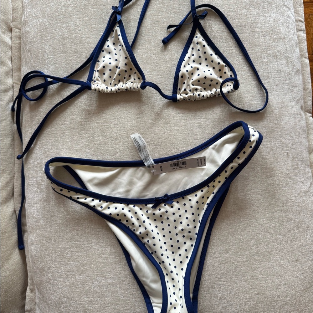 Frankie's Bikinis White Polka Dot Navy Trim Triangle Bikini